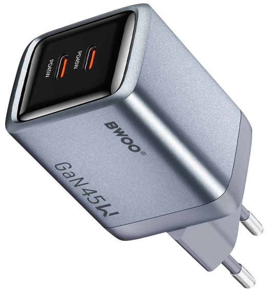 BWOO BO-CDA239 Nettlader, 45W, 3A, 2 x USB-C, Grå