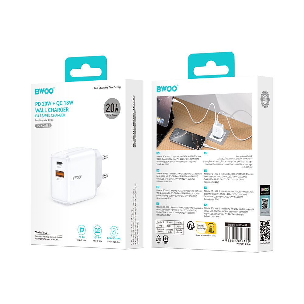 Nettlader BWOO CDA182, 38W, 3A, 1 x USB-A - 1 x USB-C, Hvit