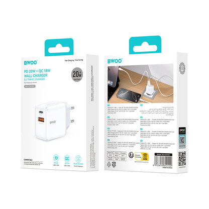 Nettlader BWOO CDA182, 38W, 3A, 1 x USB-A - 1 x USB-C, Hvit