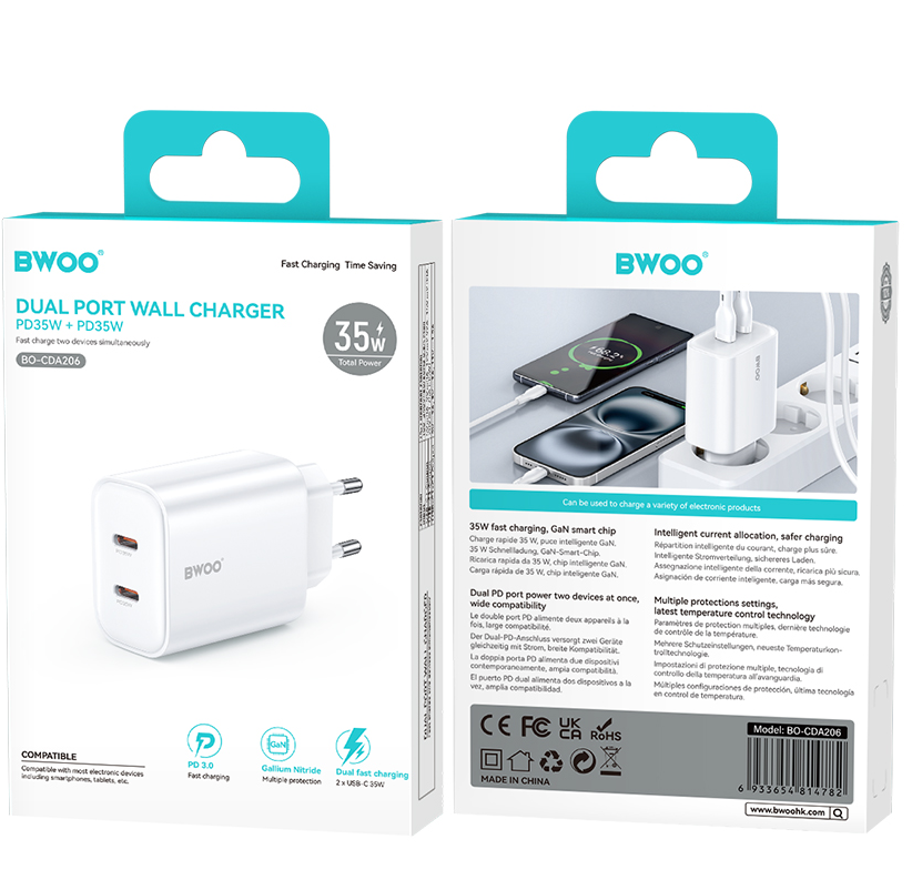 BWOO CDA206 nettadapter, 35W, 3A, 2 x USB-C, hvit