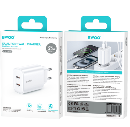 BWOO CDA206 nettadapter, 35W, 3A, 2 x USB-C, hvit