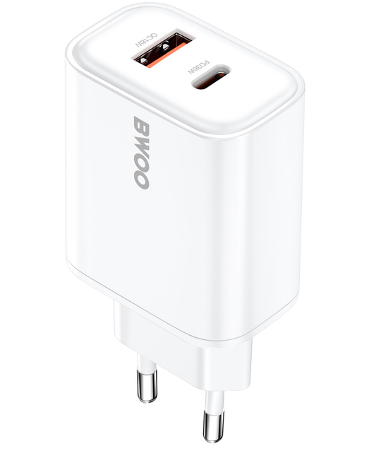 Nettlader BWOO CDA207, 36W, 3A, 1 x USB-A - 1 x USB-C, Hvit