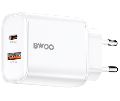 Nettlader BWOO CDA207, 36W, 3A, 1 x USB-A - 1 x USB-C, Hvit