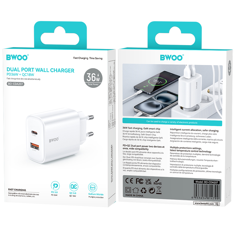 Nettlader BWOO CDA207, 36W, 3A, 1 x USB-A - 1 x USB-C, Hvit