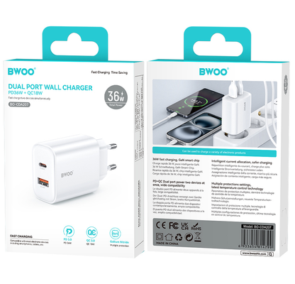 Nettlader BWOO CDA207, 36W, 3A, 1 x USB-A - 1 x USB-C, Hvit