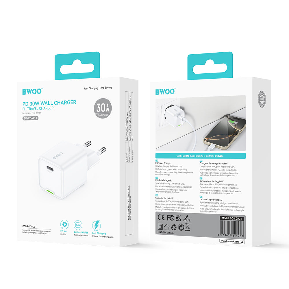 Nettlader BWOO CDA211, 30W, 3A, 1 x USB-C, Hvit