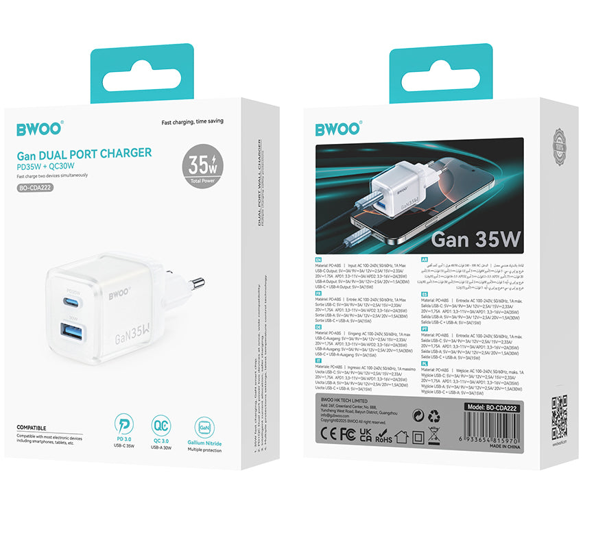Nettlader BWOO CDA222, 35W, 3A, 1 x USB-A - 1 x USB-C, Hvit