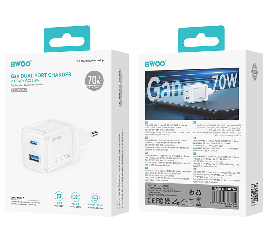 BWOO CDA224 Nettlader, 70W, 3.25A, 1 x USB-A - 1 x USB-C, Hvit