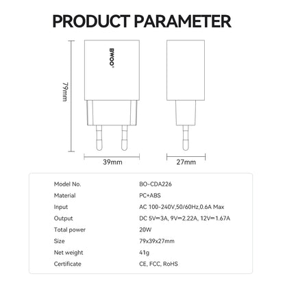 Nettlader BWOO CDA226, 20W, 3A, 1 x USB-C, Hvit