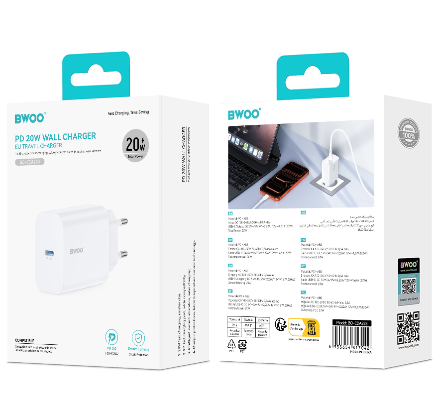 Nettlader BWOO CDA233, 20W, 3A, 1 x USB-C, Hvit