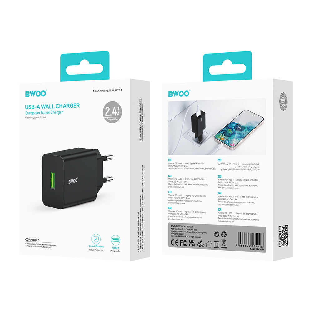 Nettlader BWOO CDA249, 12W, 2.4A, 1 x USB-A, Svart