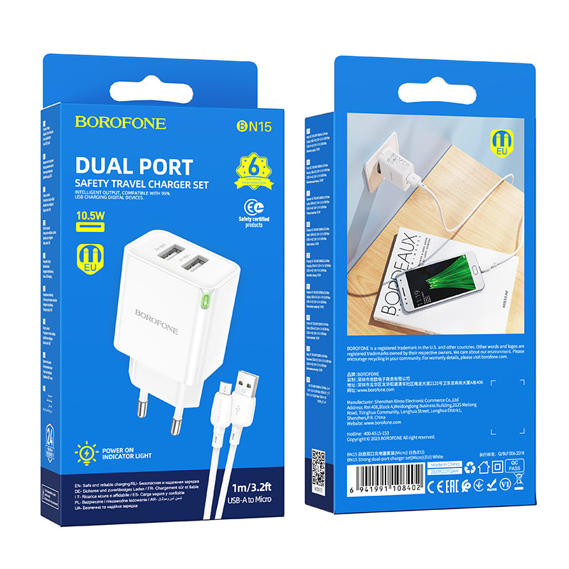 Nettverkslader med microUSB-kabel Borofone BN15 Strong, 10,5 W, 2,1 A, 2 x USB-A, hvit 