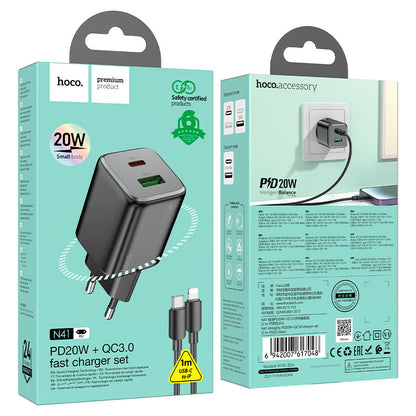 Nettlader med Lightning-kabel HOCO N41, 20W, 3A, 1 x USB-A - 1 x USB-C, Svart