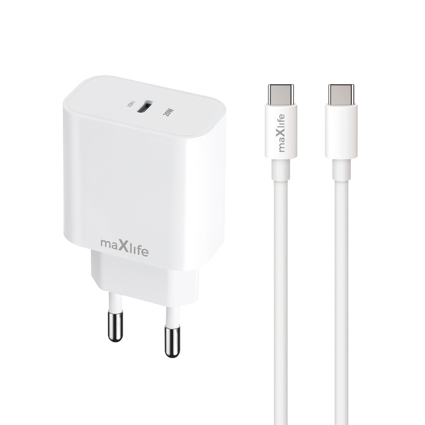 Nettlader med USB-C-kabel MaXlife MXTC-06-20C, 20W, 3A, 1 x USB-C, Hvit