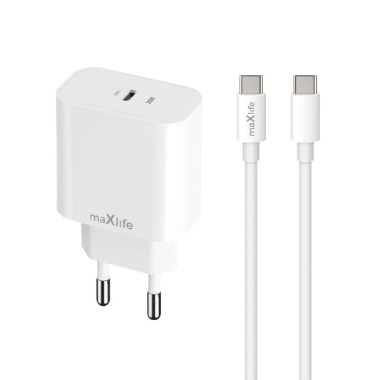 Nettlader med USB-C-kabel MaXlife MXTC-06-20C, 20W, 3A, 1 x USB-C, Hvit