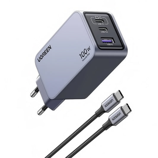 Nexode Pro UGREEN X757 Nexode Pro USB-C-kabel nettverkslader, 100 W, 3 A, 1 x USB-A - 2 x USB-C, grå
