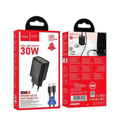Nettlader med USB-C-kabel HOCO N63, 30W, 3A, 1 x USB-A - 1 x USB-C, Svart