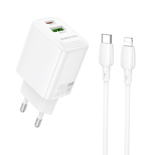 Nettlader med Lightning-kabel Borofone BN27 Fuente, 20W, 3A, 1 x USB-A - 1 x USB-C, Hvit