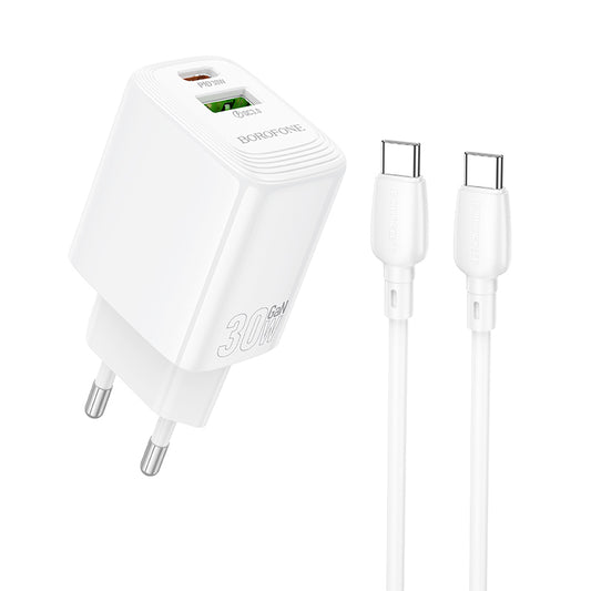 Nettlader med USB-C-kabel Borofone BN29 Fuente, 30W, 3A, 1 x USB-A - 1 x USB-C, Hvit