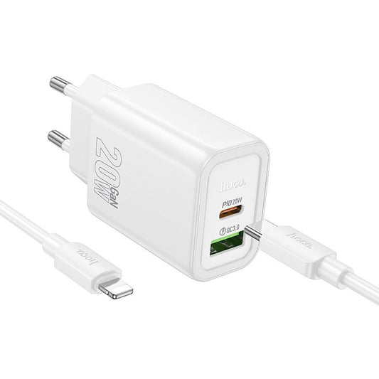 Nettlader med Lightning-kabel HOCO N61, 20W, 3A, 1 x USB-A - 1 x USB-C, Hvit