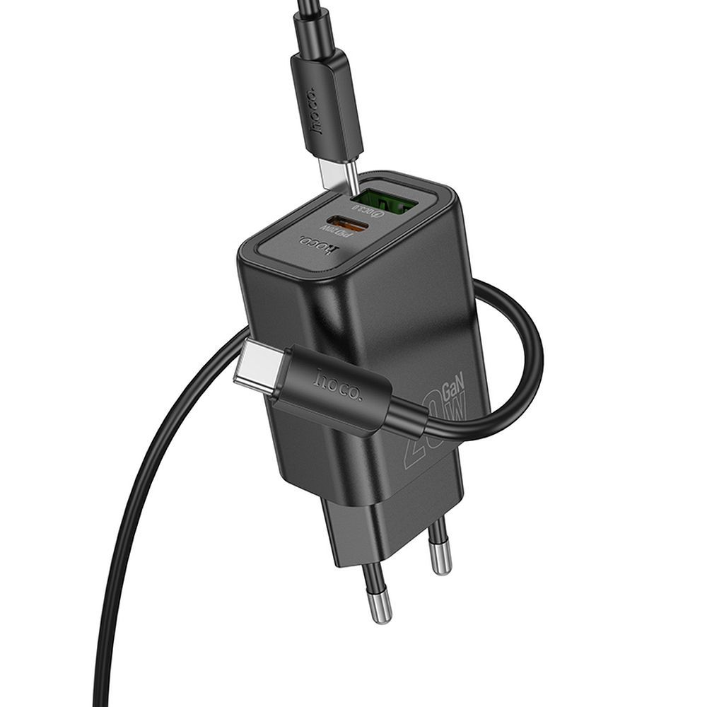 Nettlader med Lightning-kabel HOCO N61, 20W, 3A, 1 x USB-A - 1 x USB-C, Svart