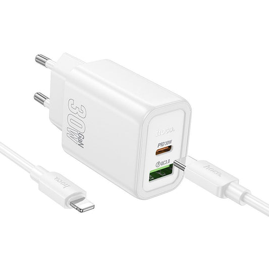 Nettlader med Lightning-kabel HOCO N63, 30W, 3A, 1 x USB-A - 1 x USB-C, Hvit