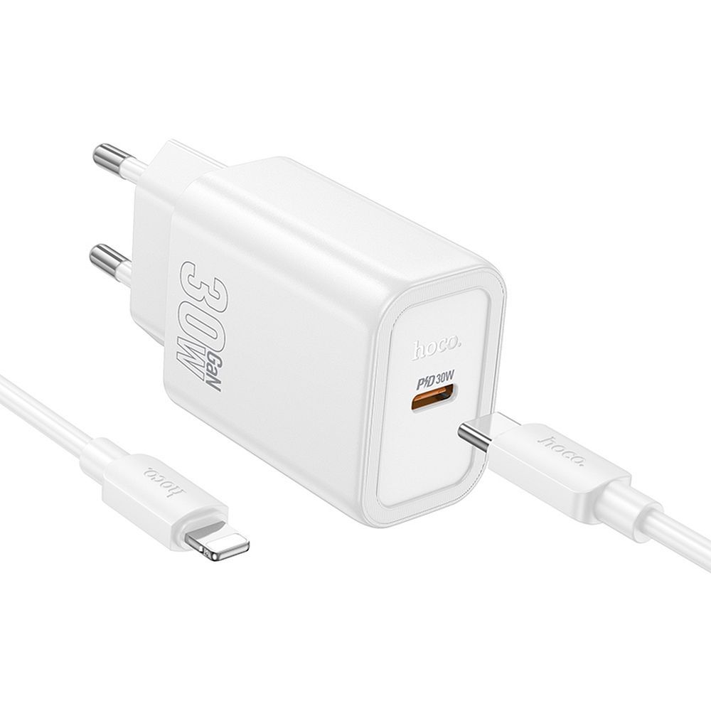 Nettlader med Lightning-kabel HOCO N62, 30W, 3A, 1 x USB-C, Hvit