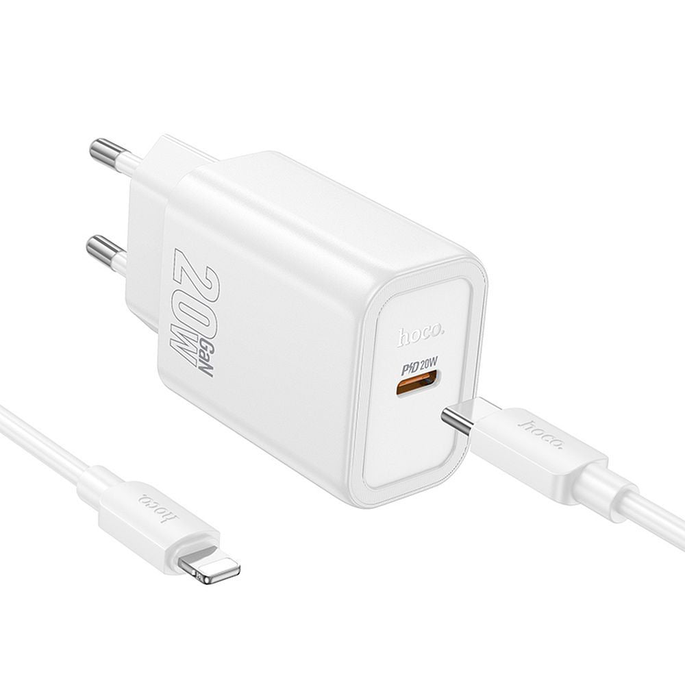 Nettlader med Lightning-kabel HOCO N60, 20W, 3A, 1 x USB-C, Hvit