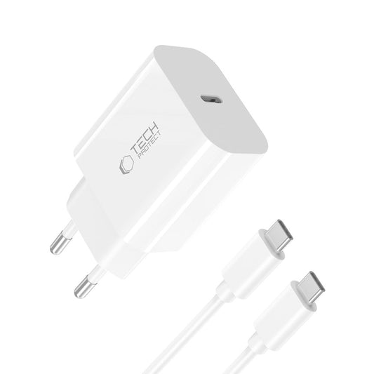 Nettlader med USB-C-kabel Tech-Protect NC20W, 20W, 3A, 1 x USB-C, Hvit