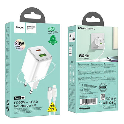 Nettlader med Lightning-kabel HOCO N41, 20W, 3A, 1 x USB-A - 1 x USB-C, Hvit