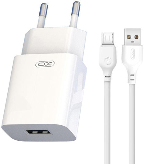 Nettlader med microUSB-kabel XO Design L99, 12W, 2.4A, 1 x USB-A, Hvit
