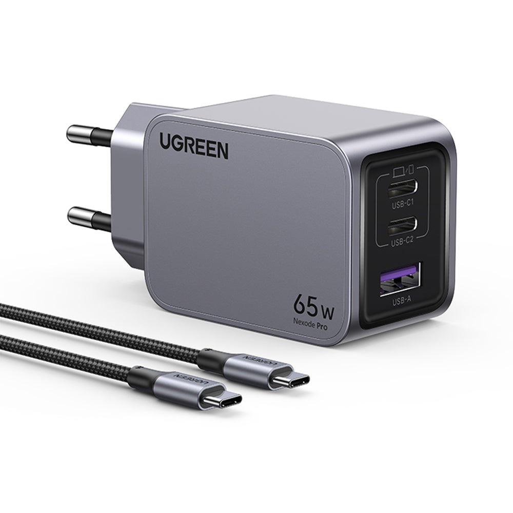 Nettlader med USB-C-kabel UGREEN X755 Nexode Pro, 65W, 3A, 1 x USB-A - 2 x USB-C, Grå