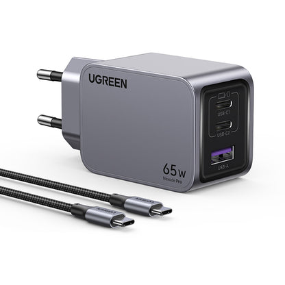 Nettlader med USB-C-kabel UGREEN X755 Nexode Pro, 65W, 3A, 1 x USB-A - 2 x USB-C, Grå