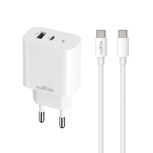 Nettlader med USB-C-kabel MaXlife MXTC-06-20AC, 20W, 3A, 1 x USB-A - 1 x USB-C, Hvit