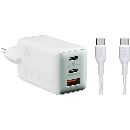 Nettlader med USB-C-kabel Infinix XC07868EU + XDC95, 68W, 6.2A, 1 x USB-A - 2 x USB-C, Hvit