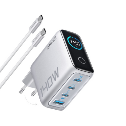 Nettlader med USB-C-kabel Anker Zolo, 140W, 5A, 1 x USB-A - 3 x USB-C, Sølv B2697G41