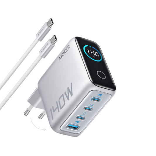 Nettlader med USB-C-kabel Anker Zolo, 140W, 5A, 1 x USB-A - 3 x USB-C, Sølv B2697G41