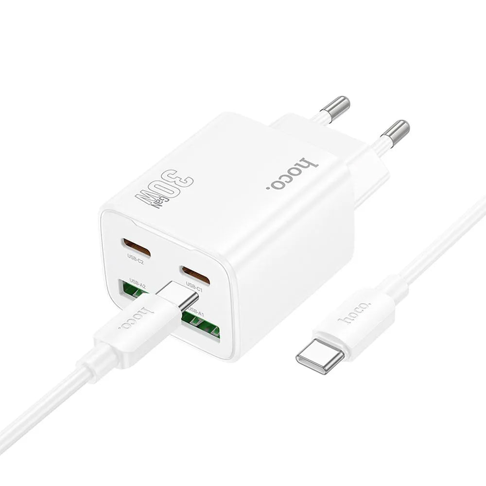 Nettlader med USB-C-kabel HOCO N56, 30W, 3A, 2 x USB-A - 2 x USB-C, Hvit