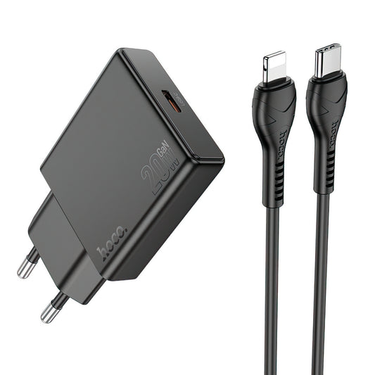 Nettlader med Lightning-kabel HOCO N37, 30W, 3A, 1 x USB-C, Svart