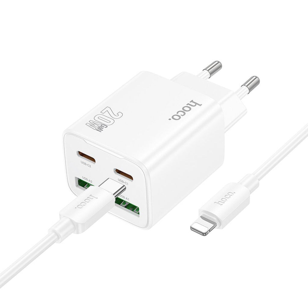 Nettlader med Lightning-kabel HOCO N55, 20W, 3A, 2 x USB-A - 2 x USB-C, Hvit