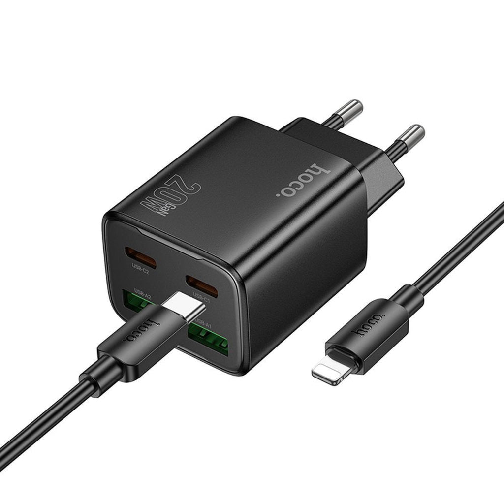Nettlader med Lightning-kabel HOCO N55, 20W, 3A, 2 x USB-A - 2 x USB-C, Svart