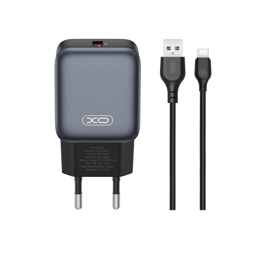 Nettlader med USB-C-kabel XO Design L152, 18W, 3A, 1 x USB-A, Svart