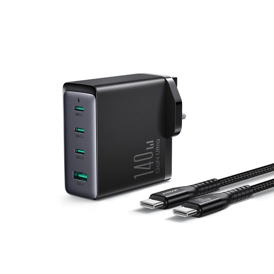 Nettlader med USB-C-kabel Joyroom JR-TCG05UK, 140W, 5A, 1 x USB-A - 3 x USB-C, UK, Svart