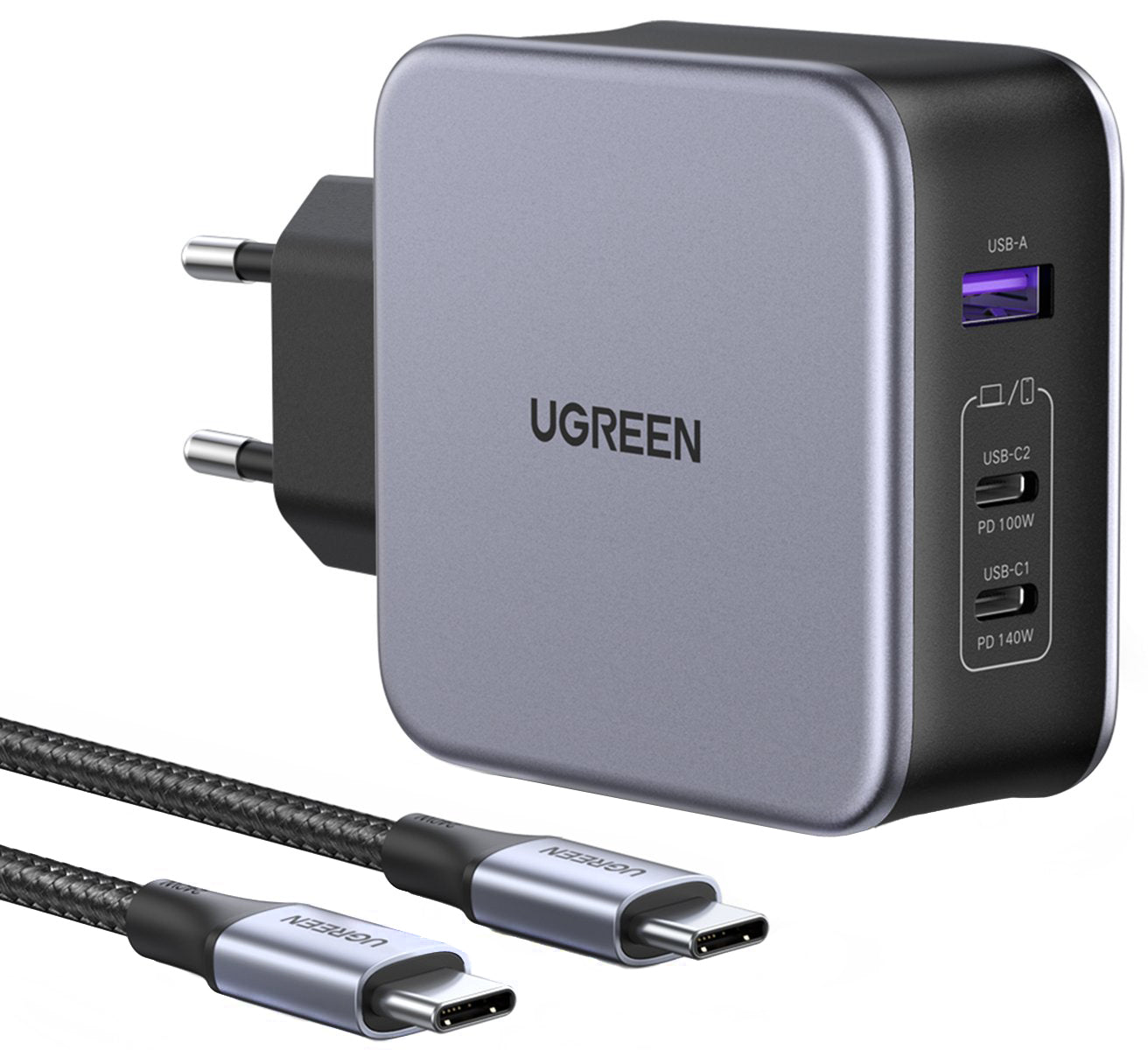 Nettlader med USB-C-kabel UGREEN CD289, 140W, 5A, 1 x USB-A - 2 x USB-C, Grå