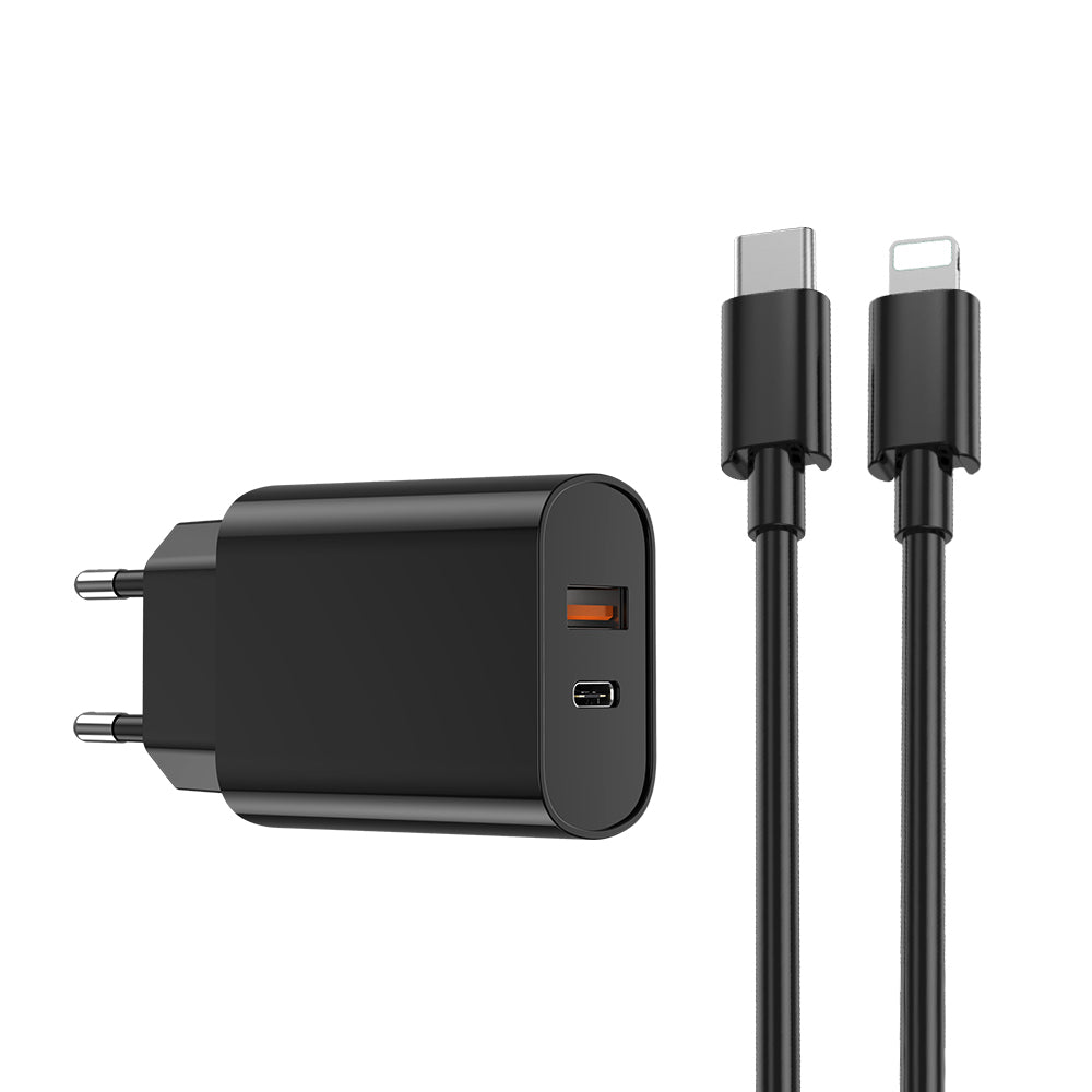 Nettlader med Lightning-kabel WiWu Wi-U002, 20W, 3A, 1 x USB-A - 1 x USB-C, Svart