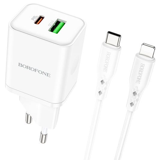 Nettlader med Lightning-kabel Borofone BN7, 20W, 3A, 1 x USB-A - 1 x USB-C, Hvit