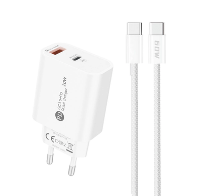 Nettlader med USB-C-kabel A6MaxL, 20W, 3A, 1 x USB-A - 1 x USB-C, Hvit