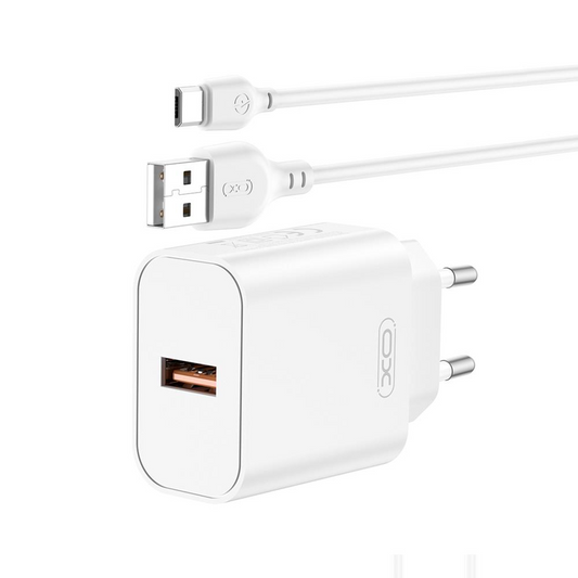 Nettlader med USB-C-kabel XO Design CE33, 18W, 3A, 1 x USB-A, Hvit