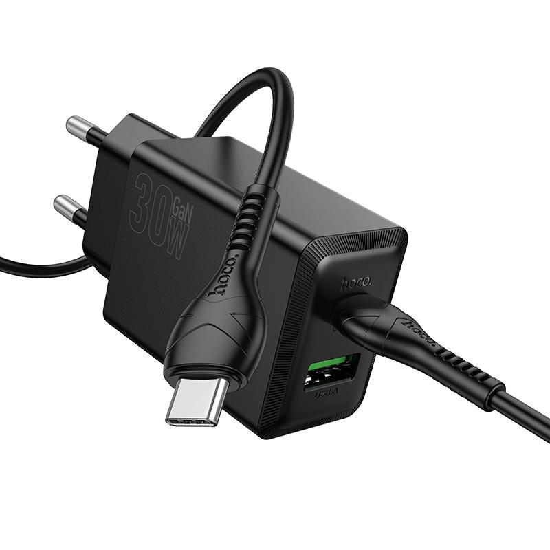 Nettlader med USB-C-kabel HOCO N71, 30W, 3A, 1 x USB-A - 1 x USB-C, Svart