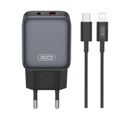 Nettlader med Lightning-kabel XO Design L156, 30W, 3A, 1 x USB-A - 1 x USB-C, Svart